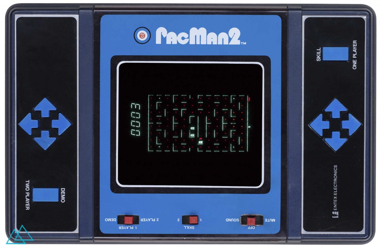 Top view dedicated video game handheld console Entex Pac Man 2